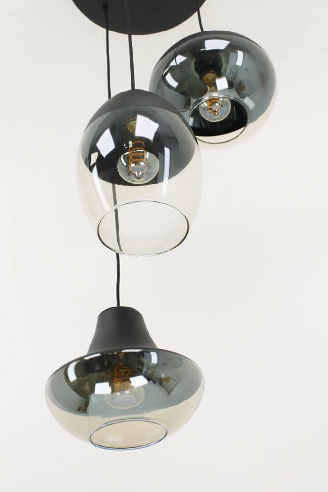 Charmante 3-lichts glazen hanglamp PHILOU zwart / amber fumé | Ronde plafondplaat 35 cm