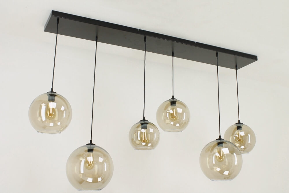 Glazen 6-lichts zwarte hanglamp BALLS smoke fumé | Brede balk 160 cm