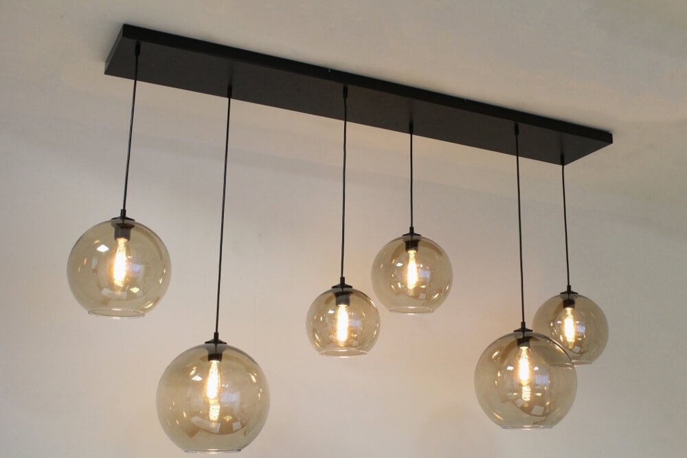 Glazen 6-lichts zwarte hanglamp BALLS smoke fumé | Brede balk 160 cm
