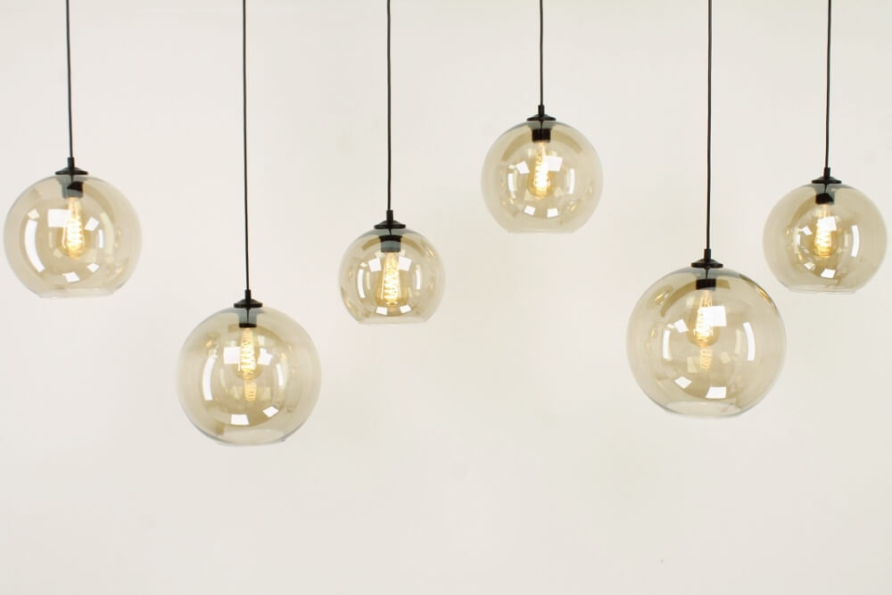 Glazen 6-lichts zwarte hanglamp BALLS smoke fumé | Brede balk 160 cm