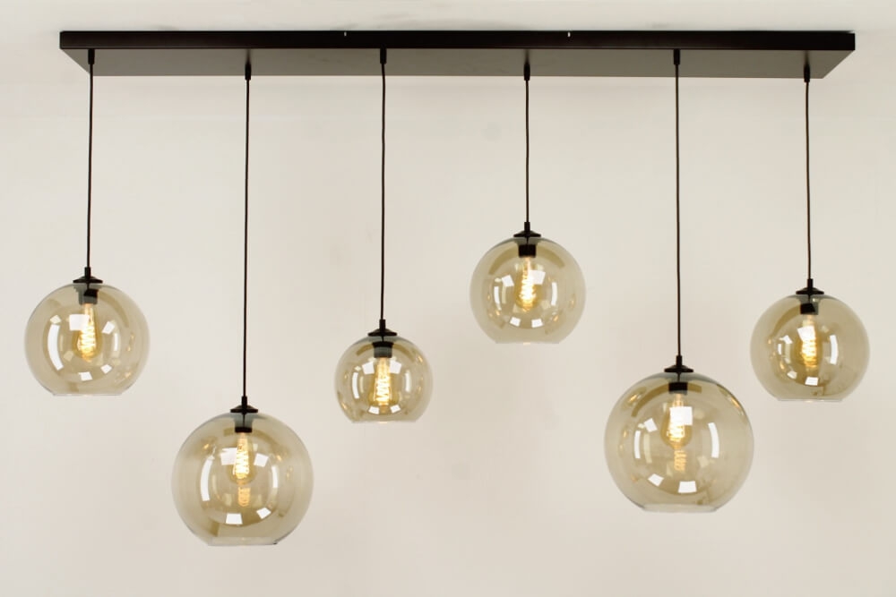 Glazen 6-lichts zwarte hanglamp BALLS smoke fumé | Brede balk 160 cm