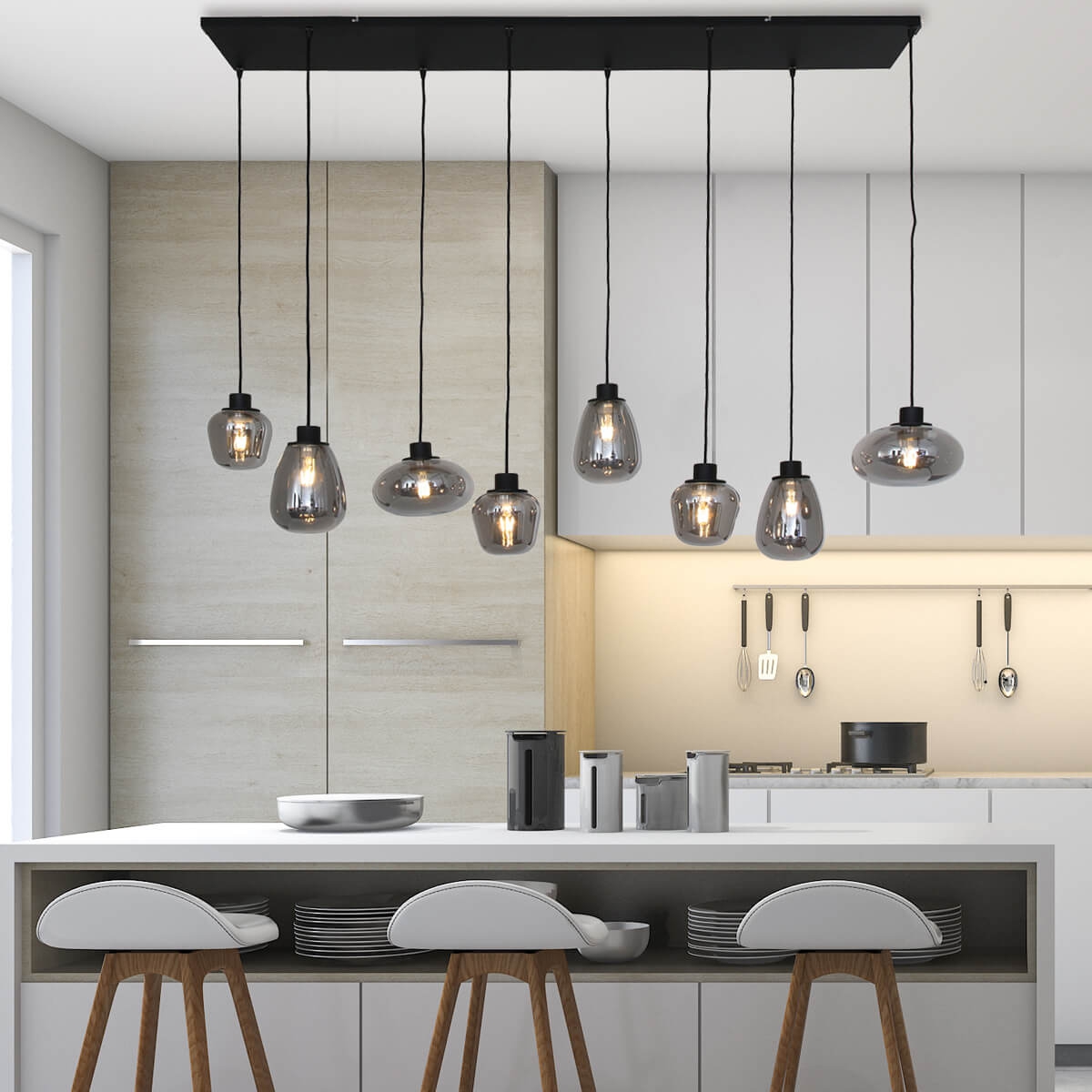 Hanglamp DEFLEX 8-lichts metallic smoke zwart op balk | Brede balk 140 x 25