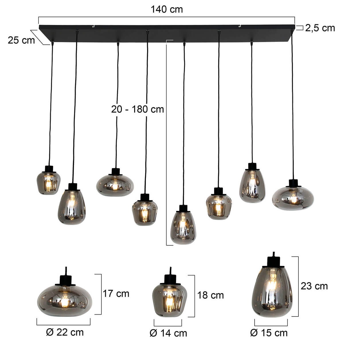 Hanglamp DEFLEX 8-lichts metallic smoke zwart op balk | Brede balk 140 x 25