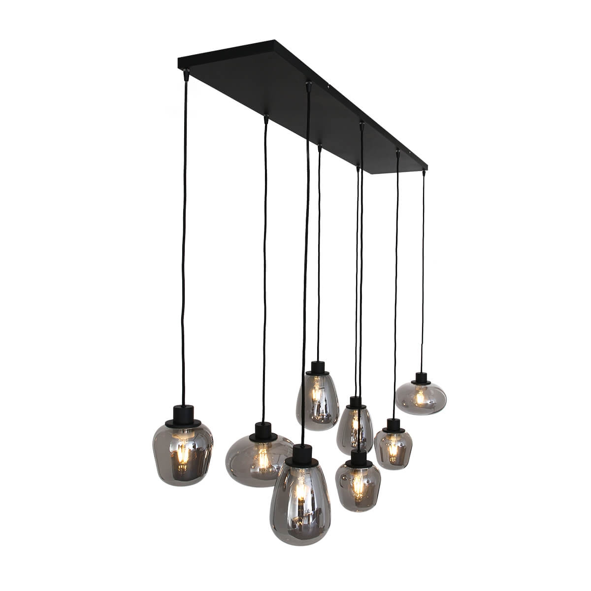 Hanglamp DEFLEX 8-lichts metallic smoke zwart op balk | Brede balk 140 x 25