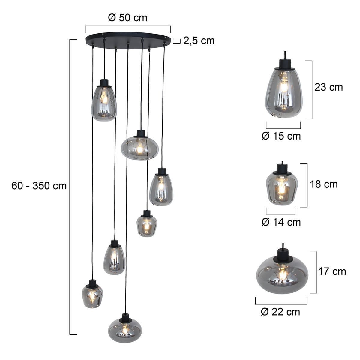 Hanglamp DEFLEX 7-lichts metallic smoke zwart ronde plaat | Ronde plaat 50 cm