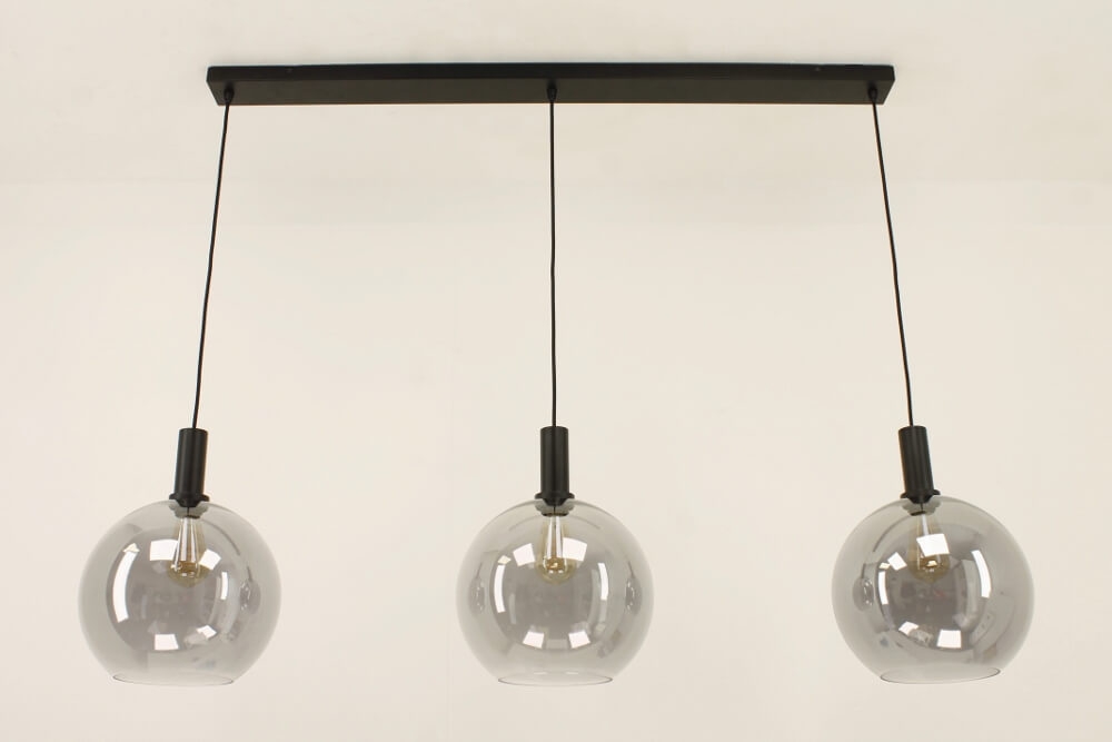 Hanglamp SONDRA licht smoke zwart op balk 120 cm | 3x glas Ø 30 cm