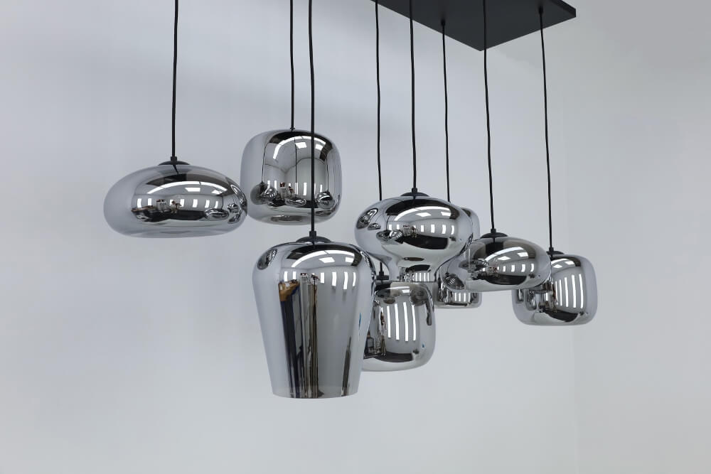 8-lichts hanglamp BY EEFFY metallic smoke zwart | Brede balk 130 x 35 cm
