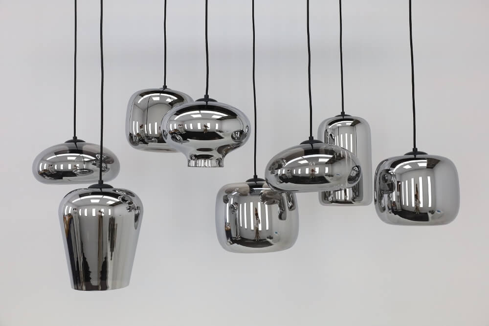 8-lichts hanglamp BY EEFFY metallic smoke zwart | Brede balk 130 x 35 cm
