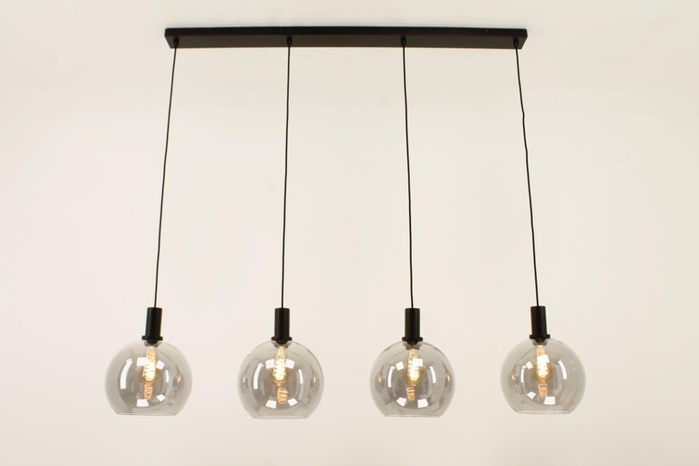 Hanglamp SONDRA licht smoke zwart op balk 120 cm | 4x glas Ø 25 cm