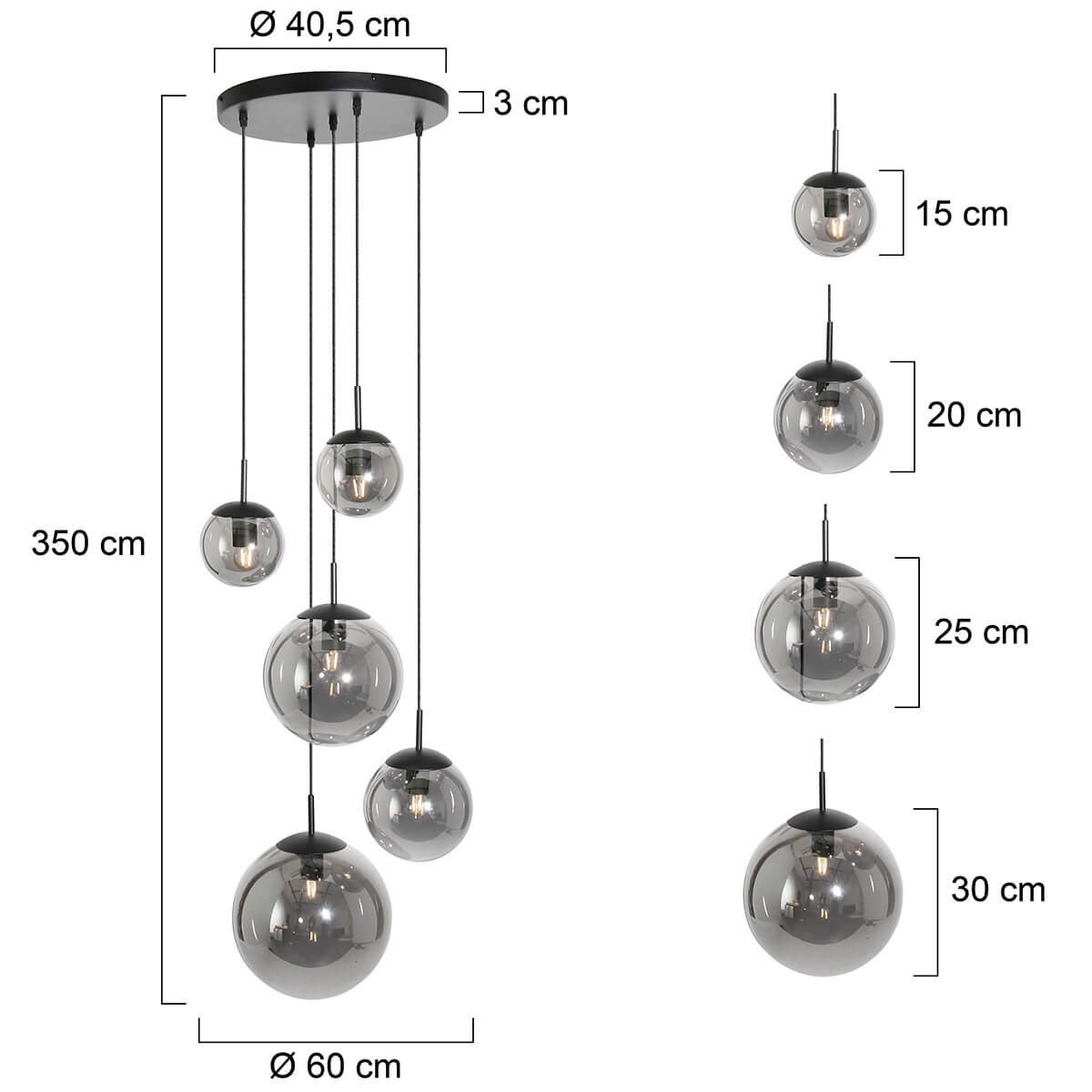 Hanglamp BOLLIQUE 5-lichts ronde plaat 40 cm | Zwart / Smoke