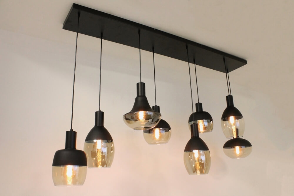 Glazen kokerhanglamp 8-lichts PHILOU zwart / amber fumé | Brede balk 160 cm