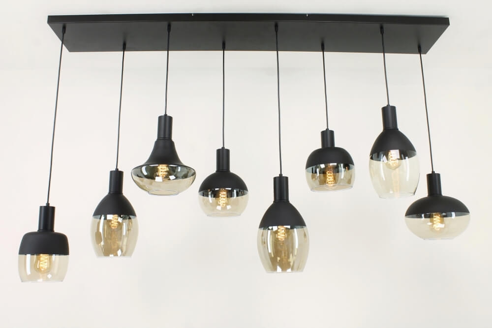 Glazen kokerhanglamp 8-lichts PHILOU zwart / amber fumé | Brede balk 160 cm