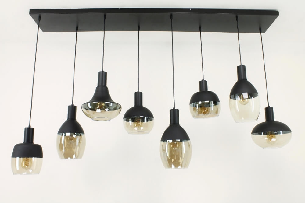 Glazen kokerhanglamp 8-lichts PHILOU zwart / amber fumé | Brede balk 160 cm
