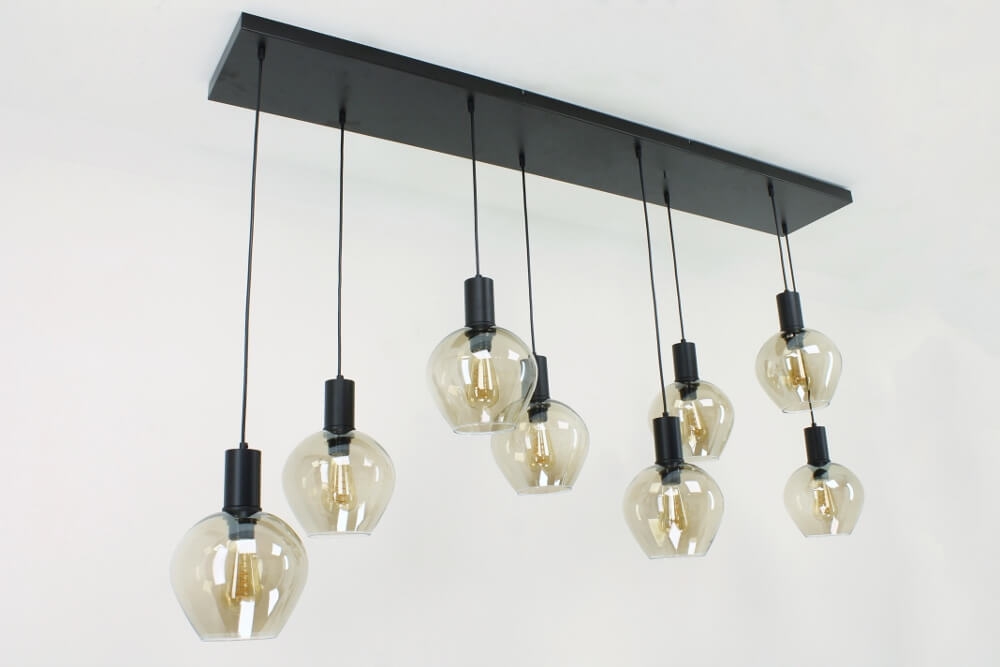 Sfeervolle 8-lichts kokerhanglamp TINO met druppel fumé glazen | Balk 160 cm