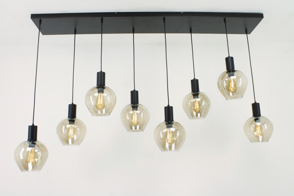 Sfeervolle 8-lichts kokerhanglamp TINO met druppel fumé glazen | Balk 160 cm