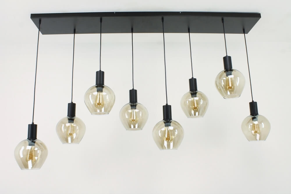 Sfeervolle 8-lichts kokerhanglamp TINO met druppel fumé glazen | Balk 160 cm