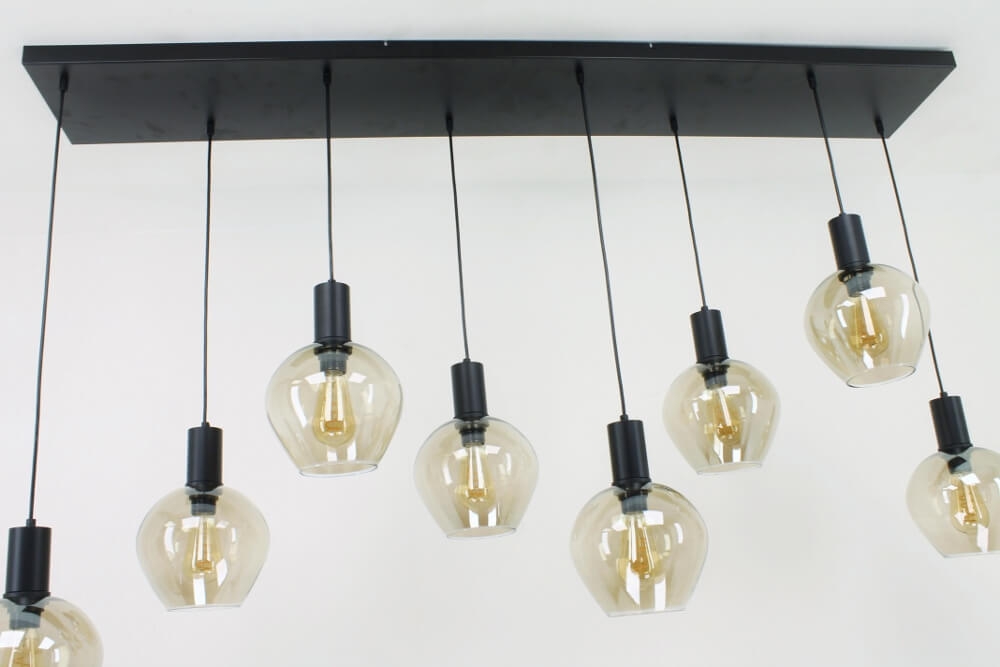 Sfeervolle 8-lichts kokerhanglamp TINO met druppel fumé glazen | Balk 160 cm