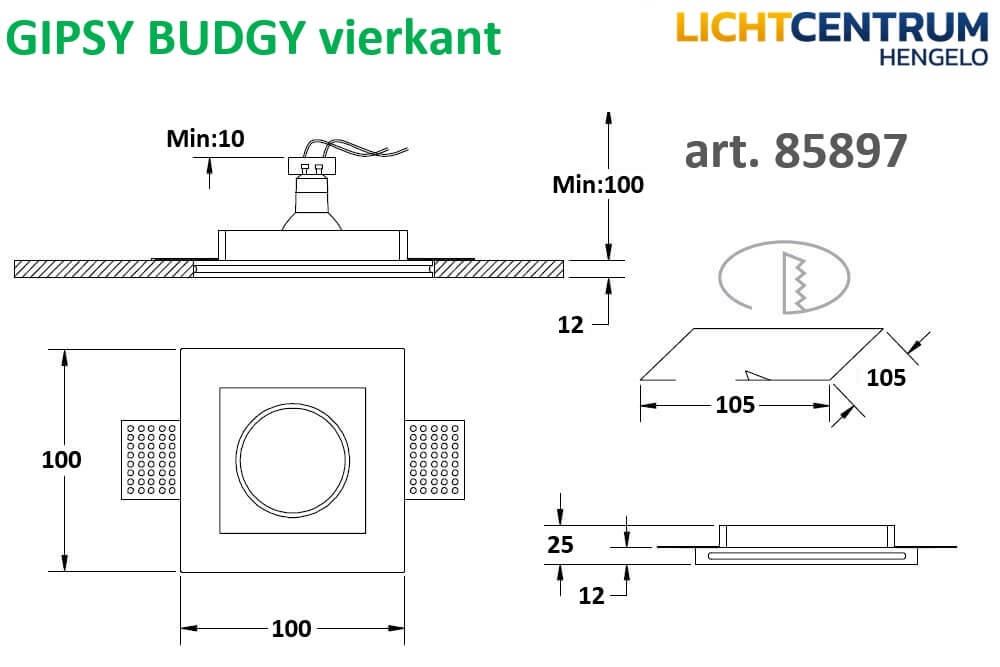 Trimless inbouwspot GIPSY BUDGY | Gips vierkant