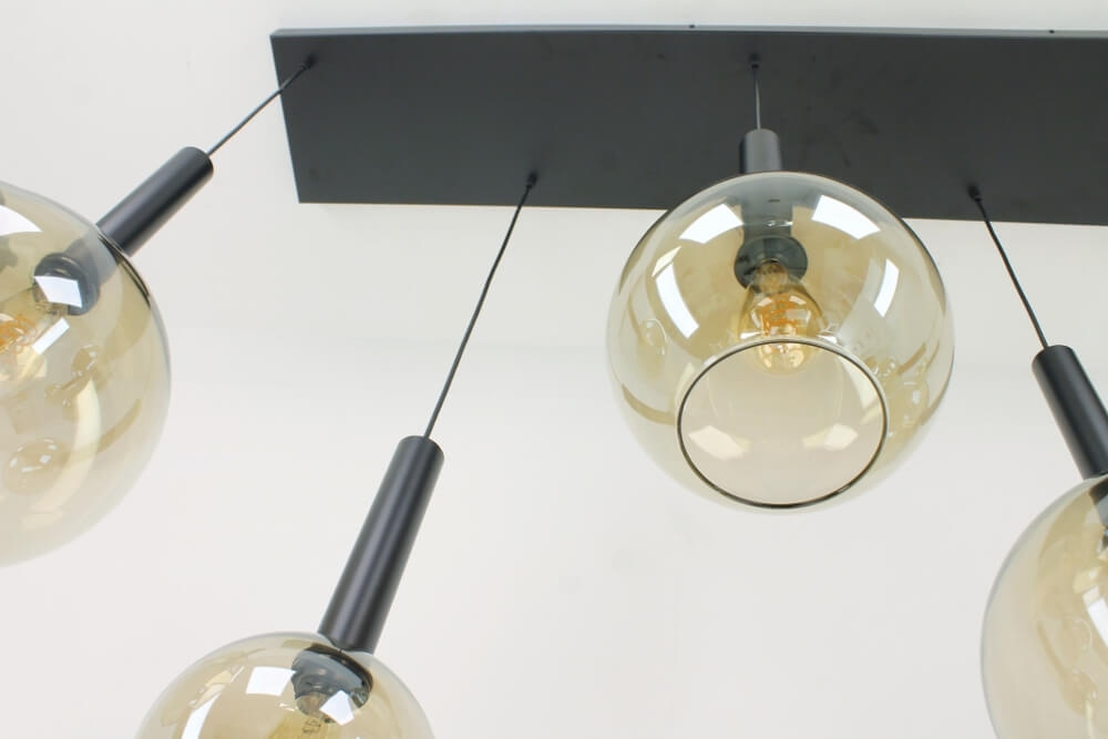 Glazen 6-lichts zwarte kokerhanglamp BALLS smoke fumé | Brede balk 160 cm