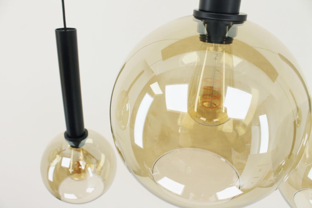 Glazen 6-lichts zwarte kokerhanglamp BALLS smoke fumé | Brede balk 160 cm