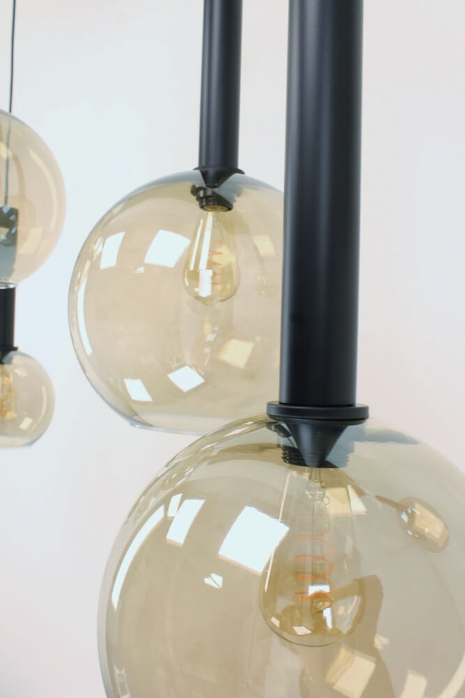 Glazen 6-lichts zwarte kokerhanglamp BALLS smoke fumé | Brede balk 160 cm
