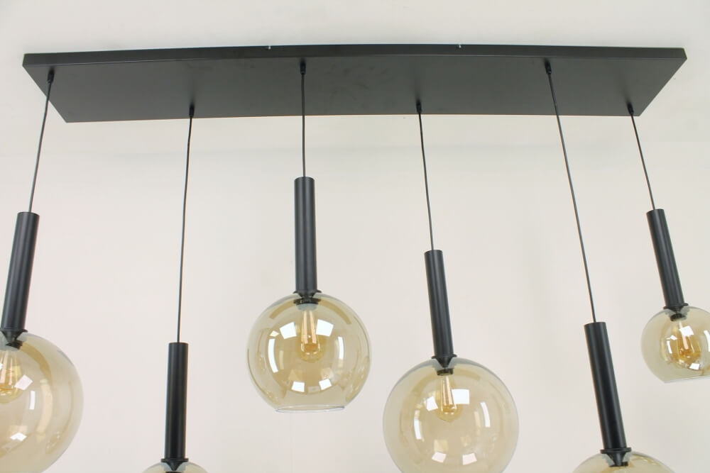 Glazen 6-lichts zwarte kokerhanglamp BALLS smoke fumé | Brede balk 160 cm