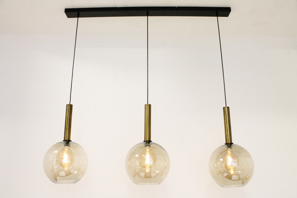 Glazen 3-lichts bronzen kokerhanglamp BALLS smoke fumé | Balk 130 cm