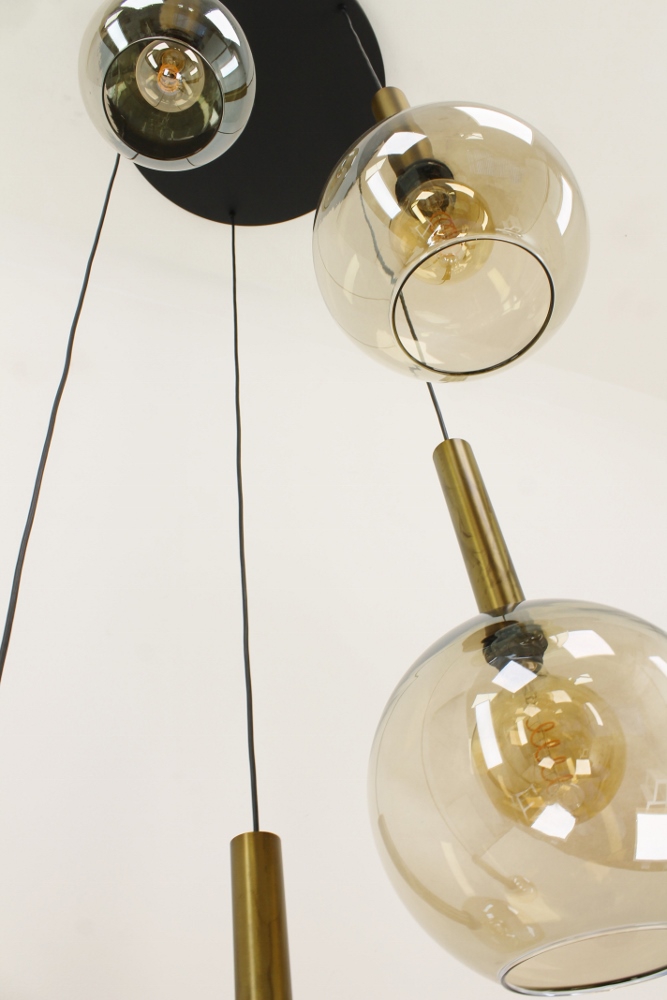 Glazen 5-lichts bronzen kokerhanglamp BALLS smoke fumé | Ronde plaat 50 cm