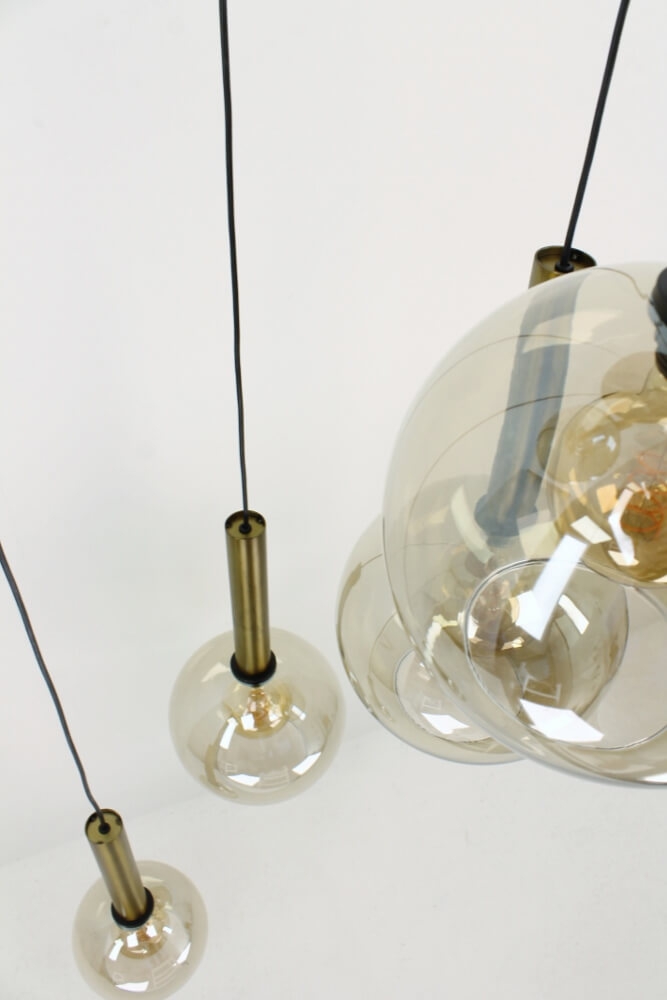 Glazen 5-lichts bronzen kokerhanglamp BALLS smoke fumé | Ronde plaat 50 cm