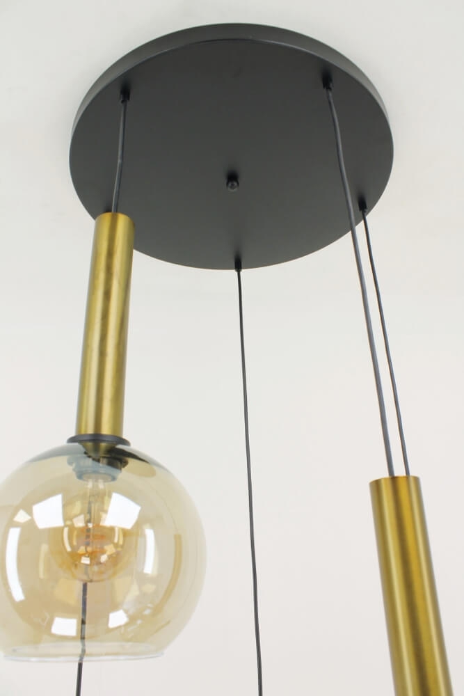 Glazen 5-lichts bronzen kokerhanglamp BALLS smoke fumé | Ronde plaat 50 cm