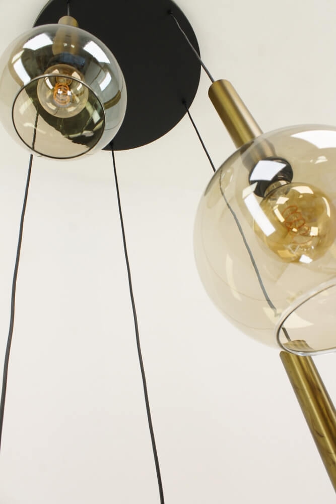 Glazen 5-lichts bronzen kokerhanglamp BALLS smoke fumé | Ronde plaat 50 cm