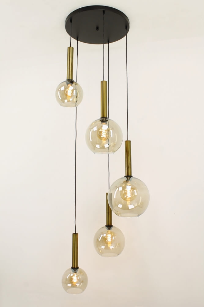 Glazen 5-lichts bronzen kokerhanglamp BALLS smoke fumé | Ronde plaat 50 cm