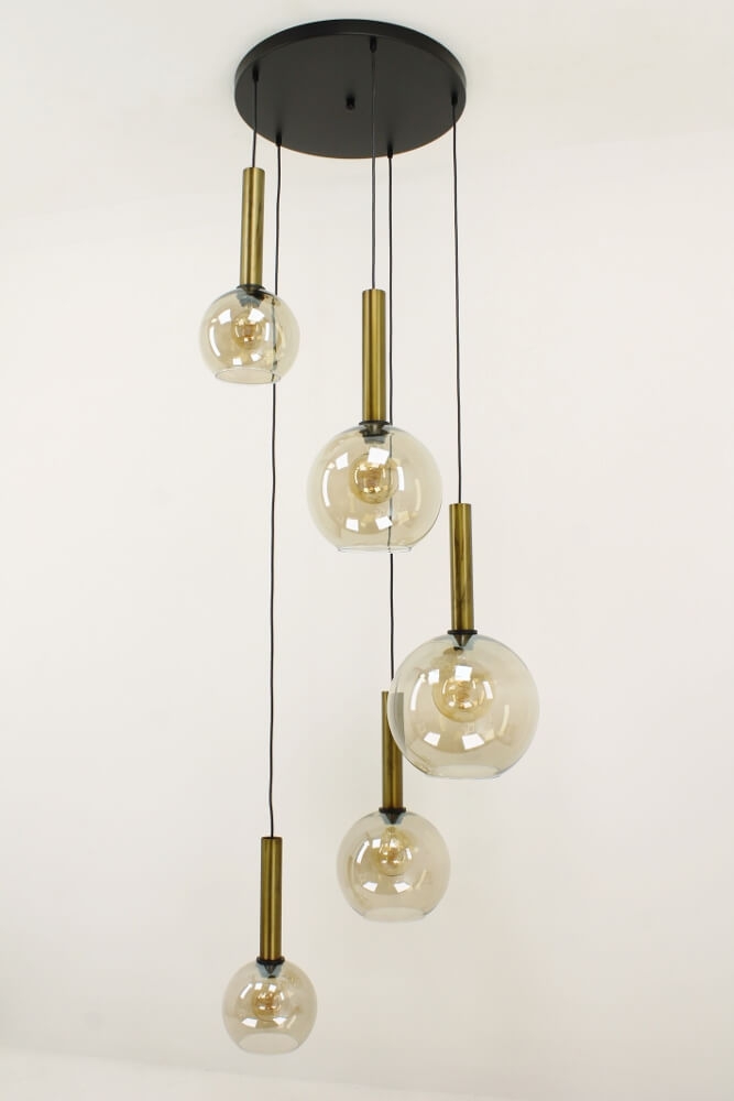 Glazen 5-lichts bronzen kokerhanglamp BALLS smoke fumé | Ronde plaat 50 cm
