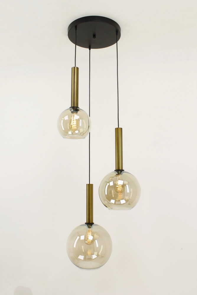 Glazen 3-lichts bronzen kokerhanglamp BALLS smoke fumé | Ronde plaat 35 cm