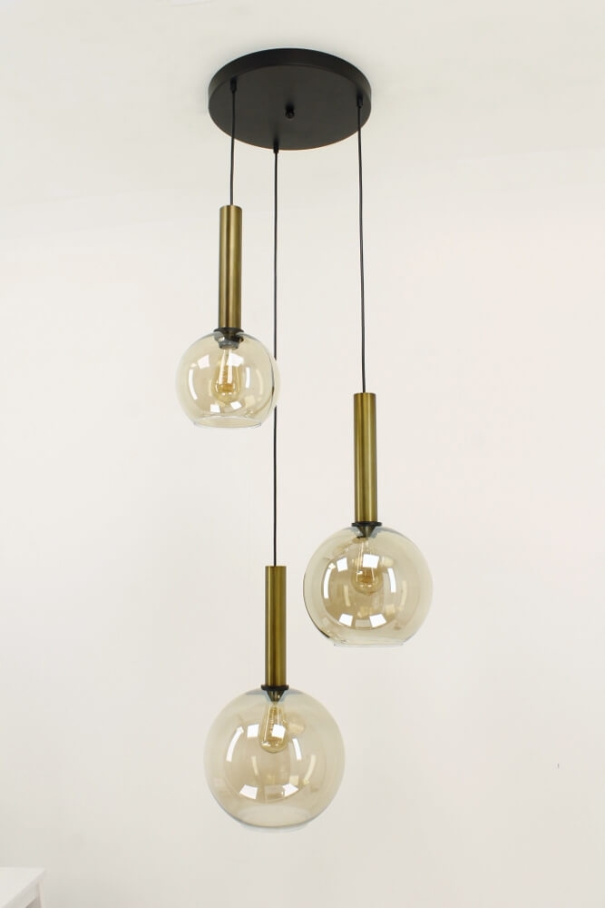 Glazen 3-lichts bronzen kokerhanglamp BALLS smoke fumé | Ronde plaat 35 cm