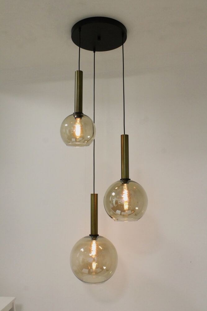 Glazen 3-lichts bronzen kokerhanglamp BALLS smoke fumé | Ronde plaat 35 cm