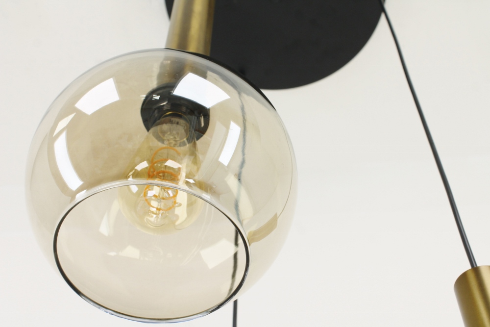 Glazen 3-lichts bronzen kokerhanglamp BALLS smoke fumé | Ronde plaat 35 cm