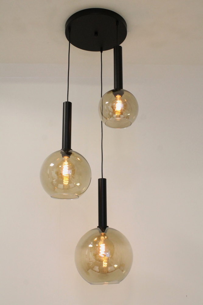Glazen 3-lichts zwarte kokerhanglamp BALLS smoke fumé | Ronde plaat 35 cm