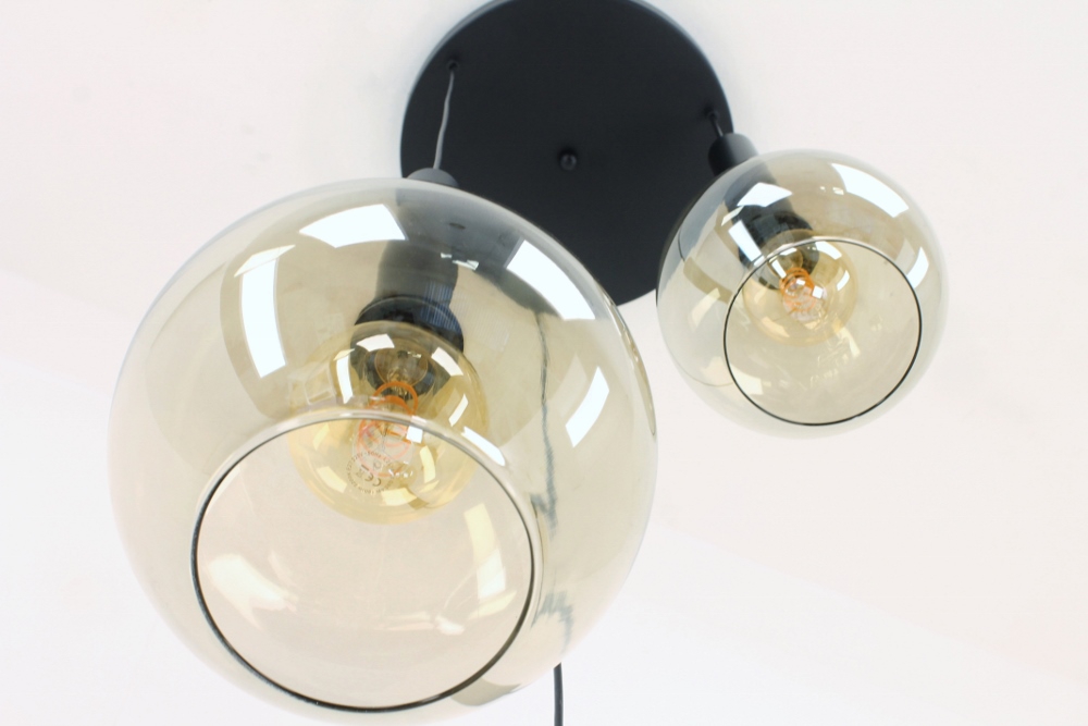 Glazen 3-lichts zwarte kokerhanglamp BALLS smoke fumé | Ronde plaat 35 cm