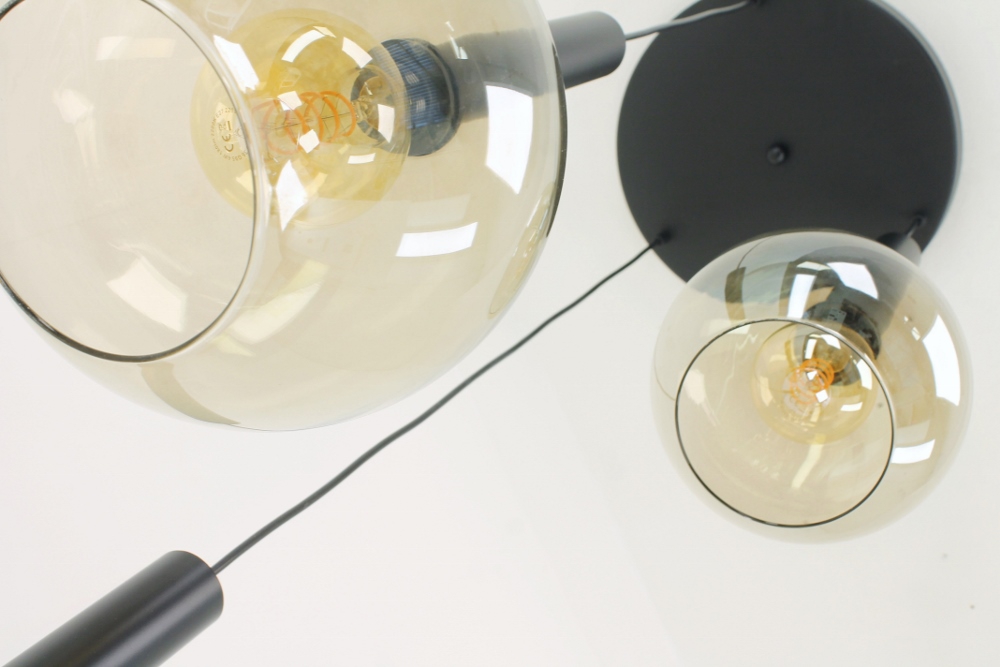 Glazen 3-lichts zwarte kokerhanglamp BALLS smoke fumé | Ronde plaat 35 cm