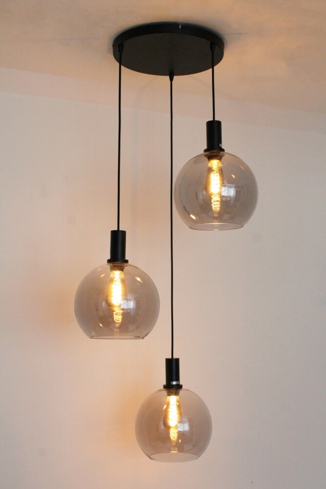 Hanglamp SONDRA licht smoke zwart op plaat Ø 35 cm | 3x glas Ø 25 cm