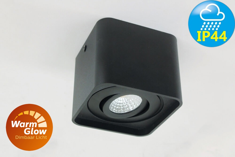 Kantelbare WarmGlow LED opbouwspot FLAT FIX waterdicht | Zwart