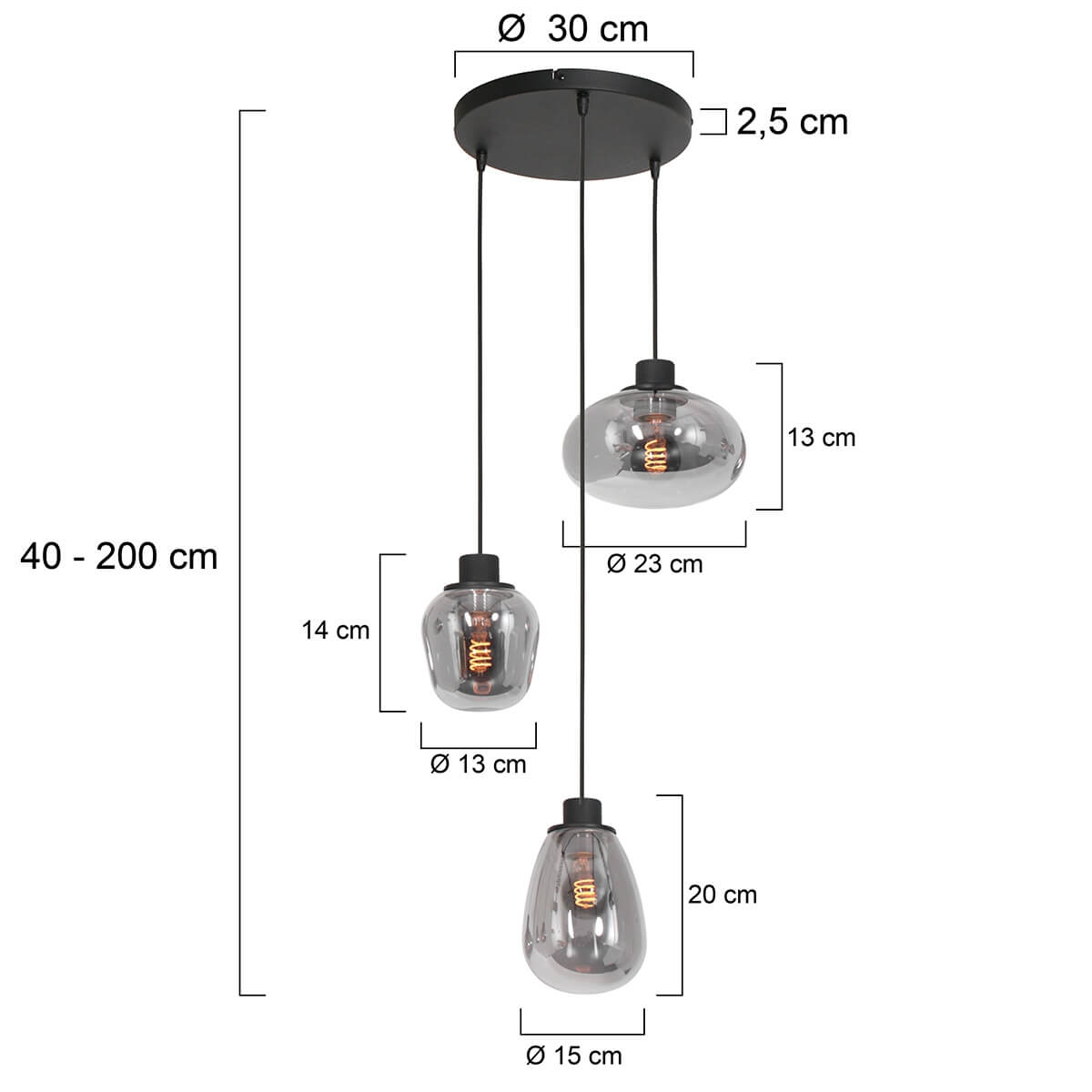 Hanglamp DEFLEX 3-lichts metallic smoke zwart ronde plaat | Ronde plaat 30 cm