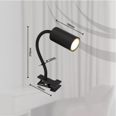 Flexibele klemlamp CILLO GU10 met snoerschakelaar | Zwart