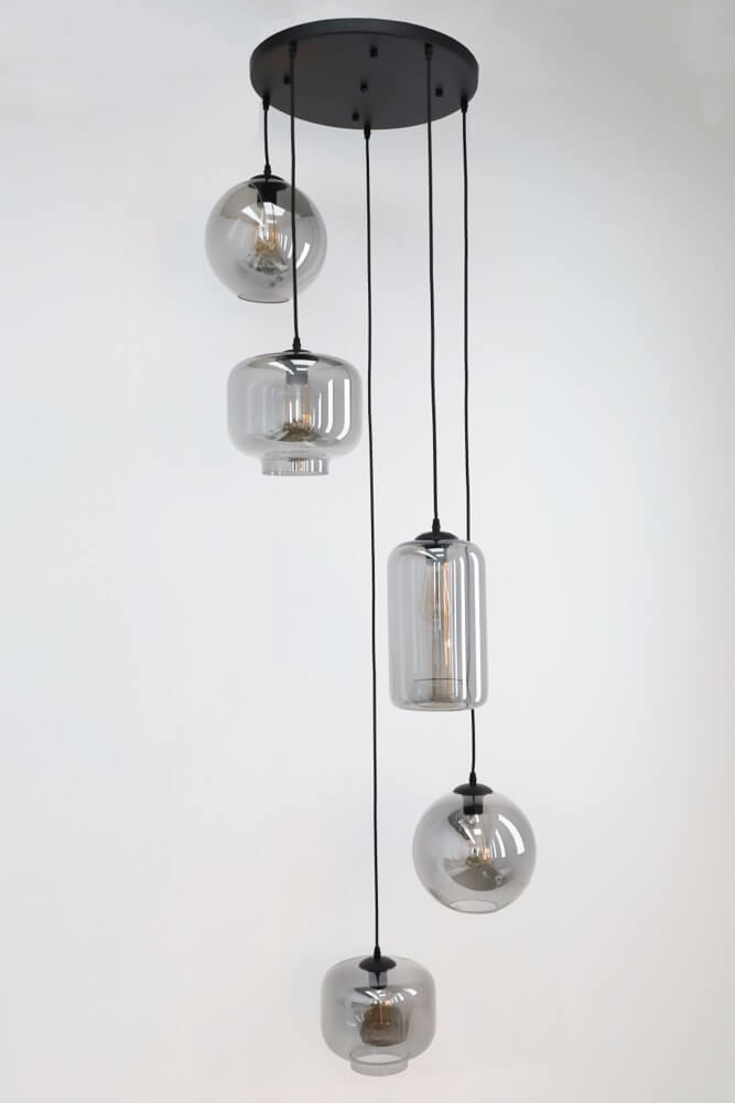 5-lichts hanglamp EEFF smoke zwart | Ronde plafondplaat 45 cm