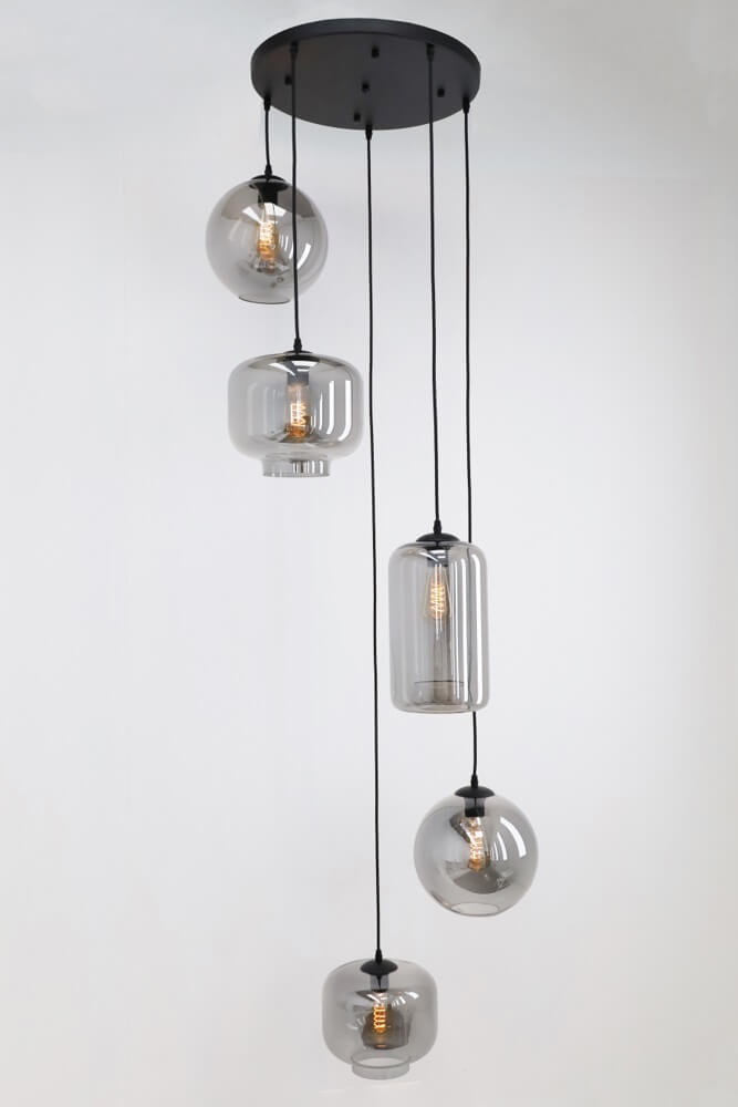 5-lichts hanglamp EEFF smoke zwart | Ronde plafondplaat 45 cm