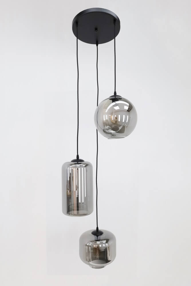 3-lichts hanglamp EEFF smoke zwart | Ronde plafondplaat 30 cm