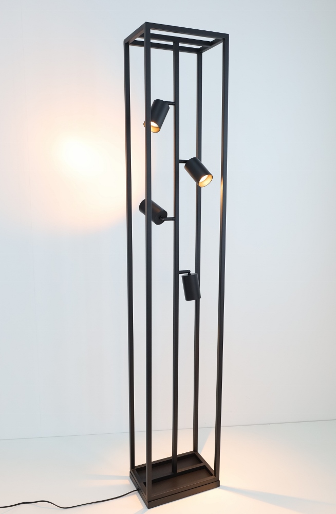 Strak metalen frame vloerlamp CILINDRA CAGE 4-lichts | Zwart