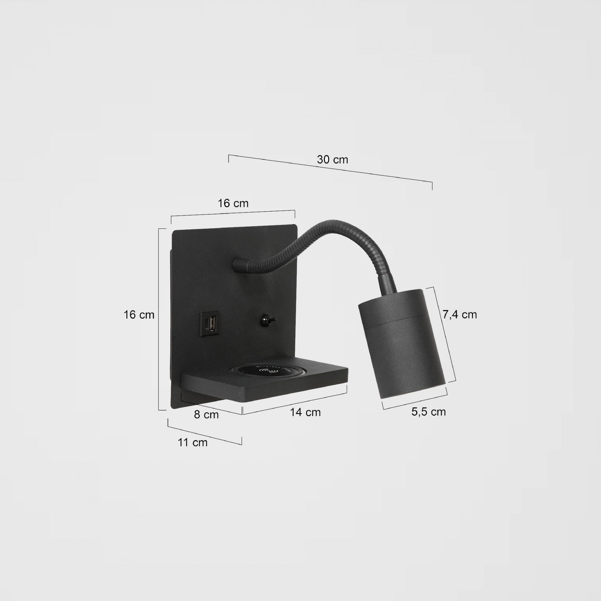 Praktische wandlamp UPROUND GU10 met draadloze oplaadfunctie + USB | Zwart