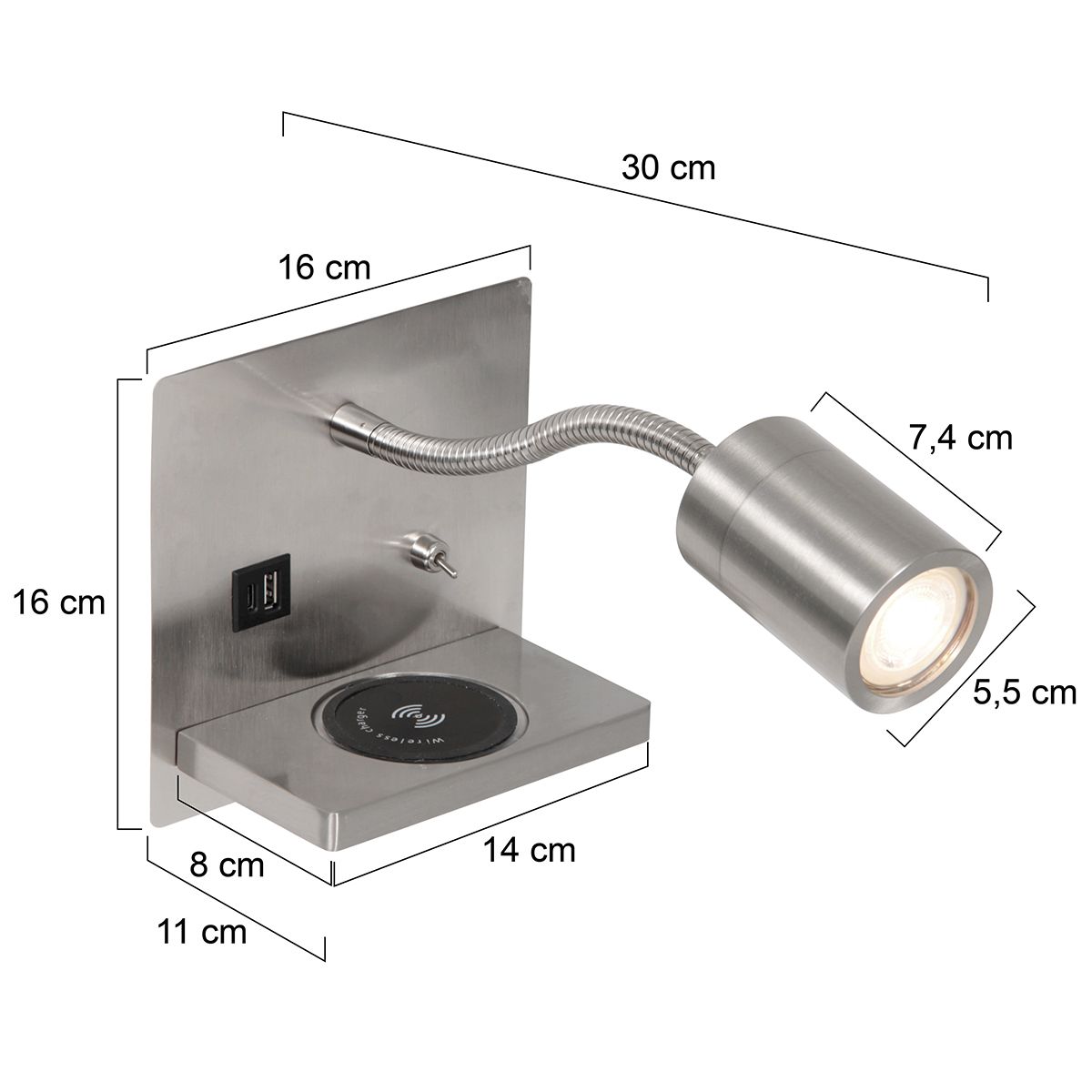 Praktische wandlamp UPROUND GU10 met draadloze oplaadfunctie + USB | Staal